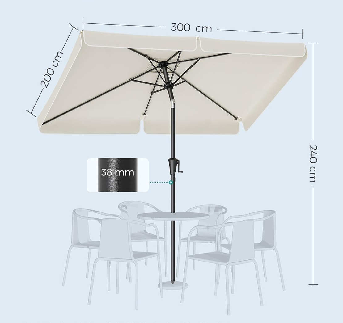SONGMICS Umbrela de gradina cu manivela, UPF 50+, inclinare 30°, structura metalica, 300x200 cm, bej