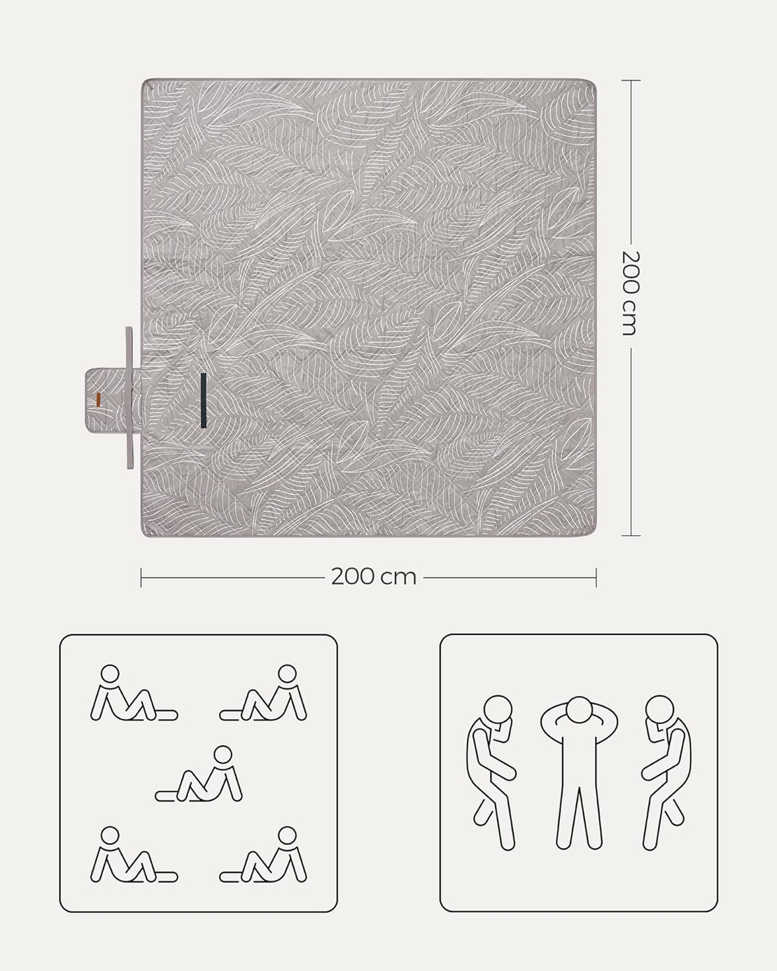SONGMICS Patura picnic impermeabila 200x200 cm, cu ancore de fixare, pliabila, lavabila, multistrat, kaki cu model tropical