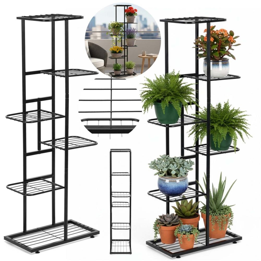 Suport pentru flori, metalic, cu 6 polite, structura verticala, 41x22x106 cm, negru
