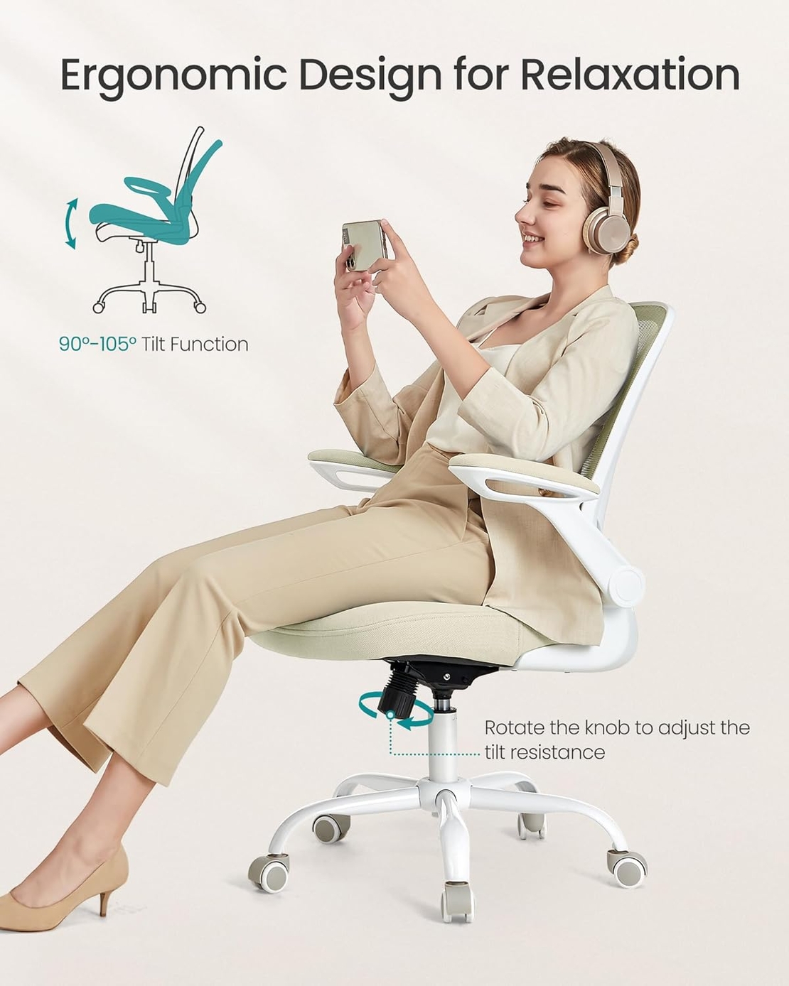 SONGMICS Scaun de birou ergonomic reglabil cu spatar mesh si suport lombar, maxim 120 kg, 64x64x107 cm, bej