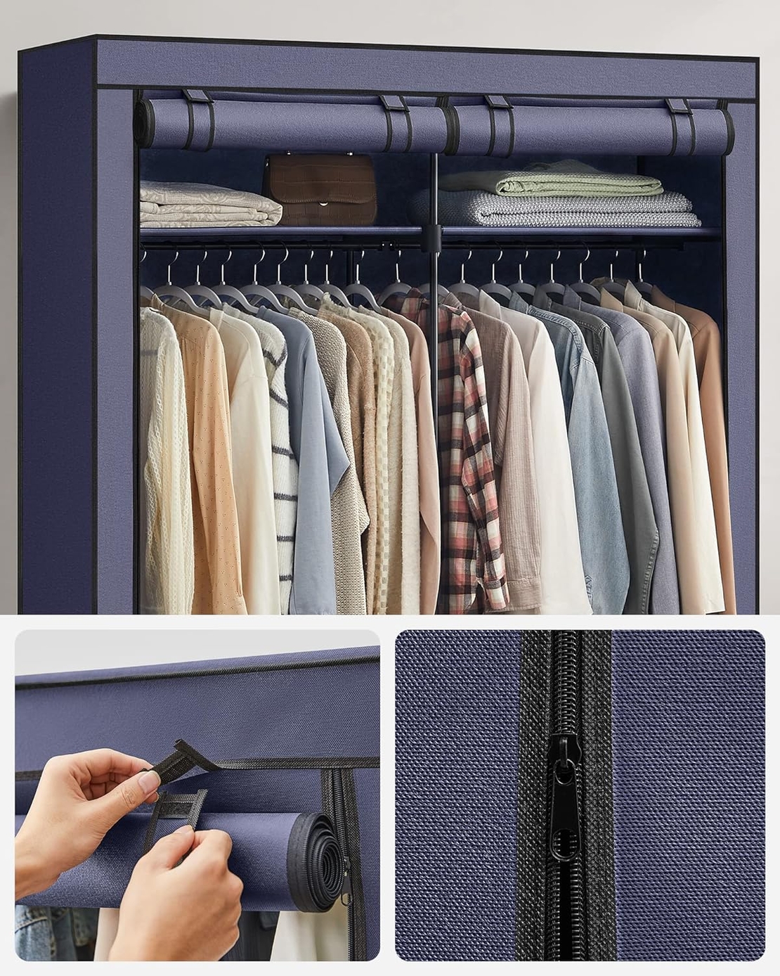 SONGMICS Garderoba pentru depozitarea hainelor, din material textil, cu 2 bare pentru umerase, 43x140x174cm, albastru