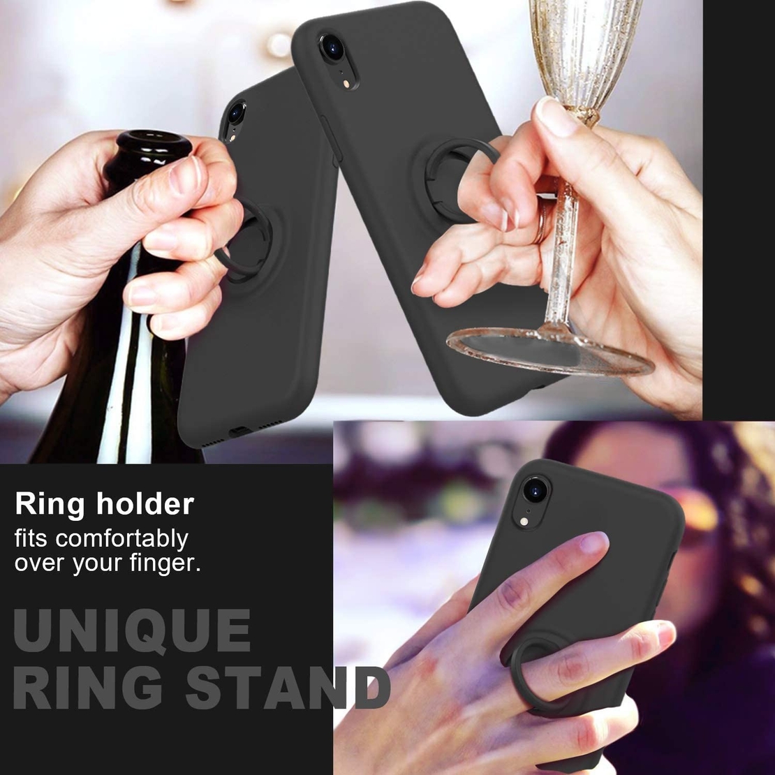 Husa protectie Vafy compatibila cu Apple iPhone XR Liquid Silicone Ring cu suport rotativ Negru