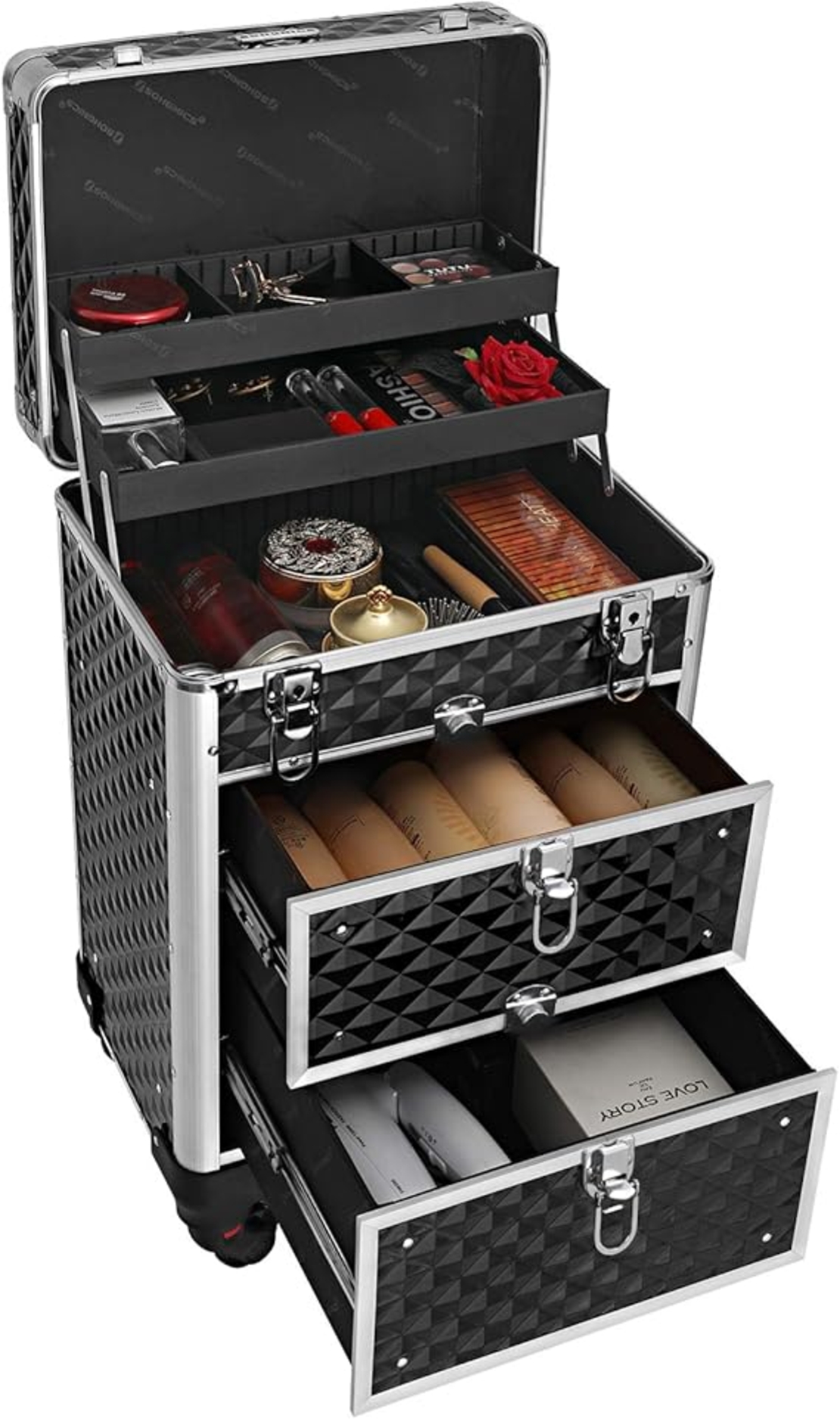 SONGMICS Valiza pentru cosmetice cu roti, profesionala, inchidere cu cheie, 24x34x56cm, negru
