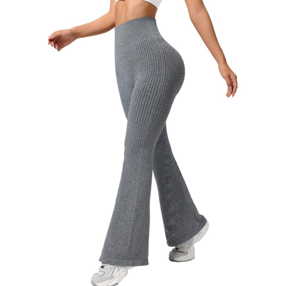 Pantaloni Sport de Dama, Flippy, pentru Yoga, Talie Inalta, Evazati, Tricotati, Gri Deschis, Marime L