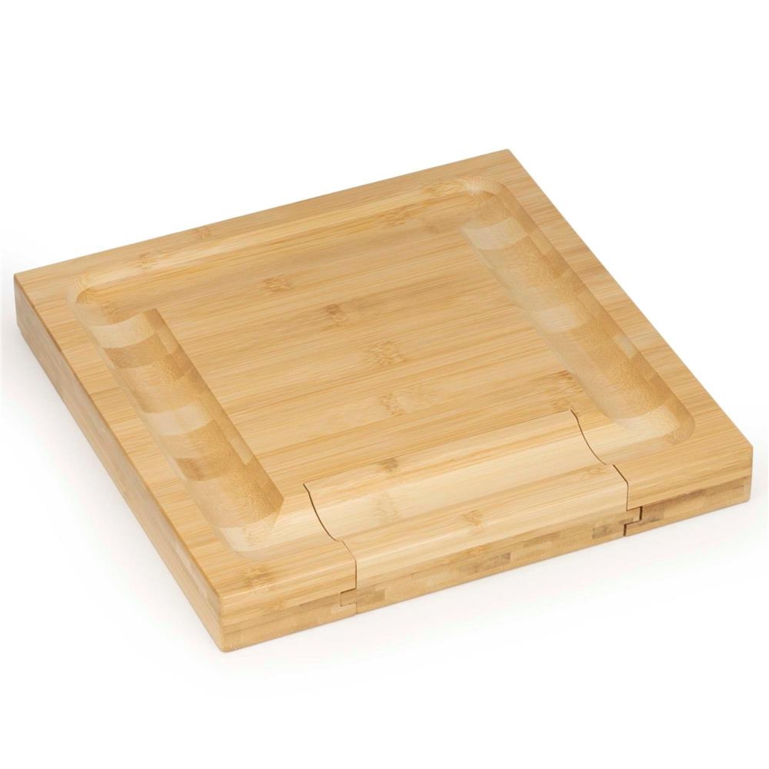 Set servire branzeturi cu platou din bambus si sertar glisant, 33x33x4 cm, maro natur