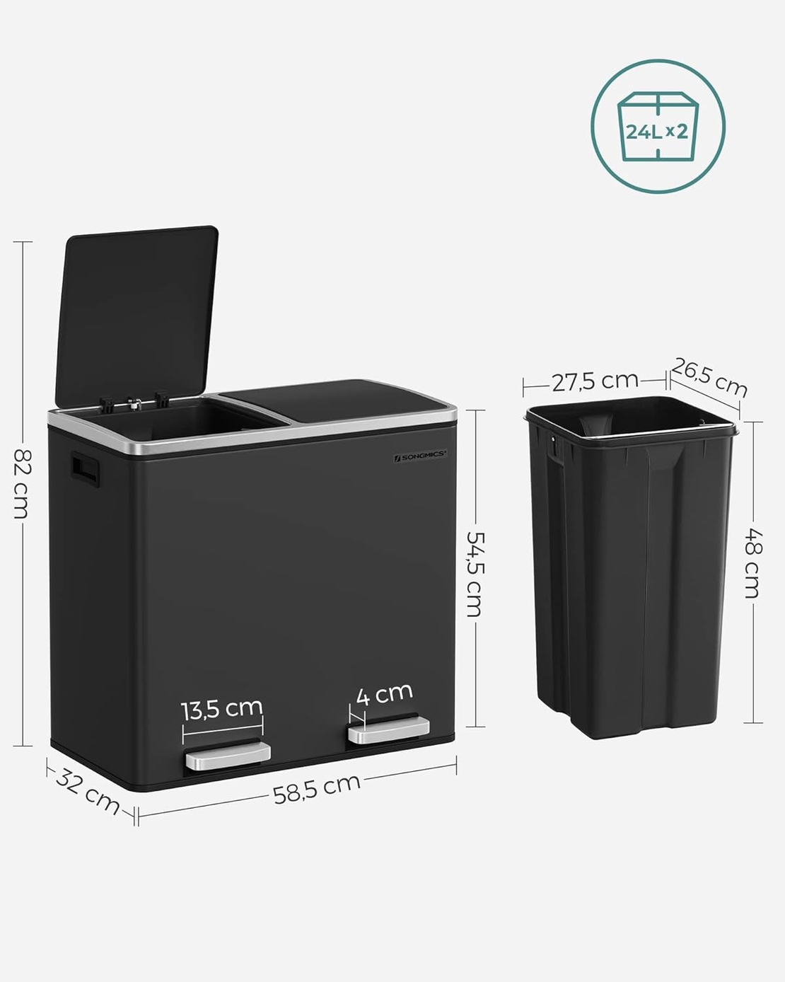 SONGMICS Cos de gunoi din inox cu 2 compartimente colectare selectiva, cu galeti interioare, 2x24 litri, negru