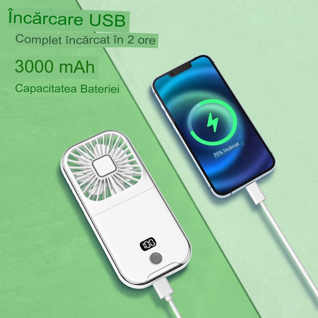 Ventilator Portabil Vafy, 3 in 1, de Mana, de Gat, de Birou, 16.7 x 8 x 1.9 cm, 3 Trepte de Viteza, Incarcare USB, Pliabil, Afisaj Digital, Suport Telefon, Alb