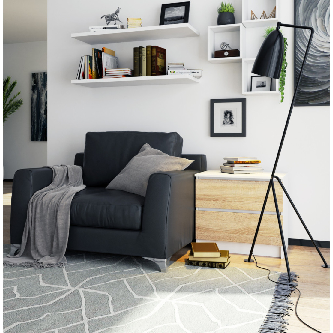 Noptiera cu 2 sertare din PAL laminat 16 mm, 60x40x55 cm, alb si stejar sonoma
