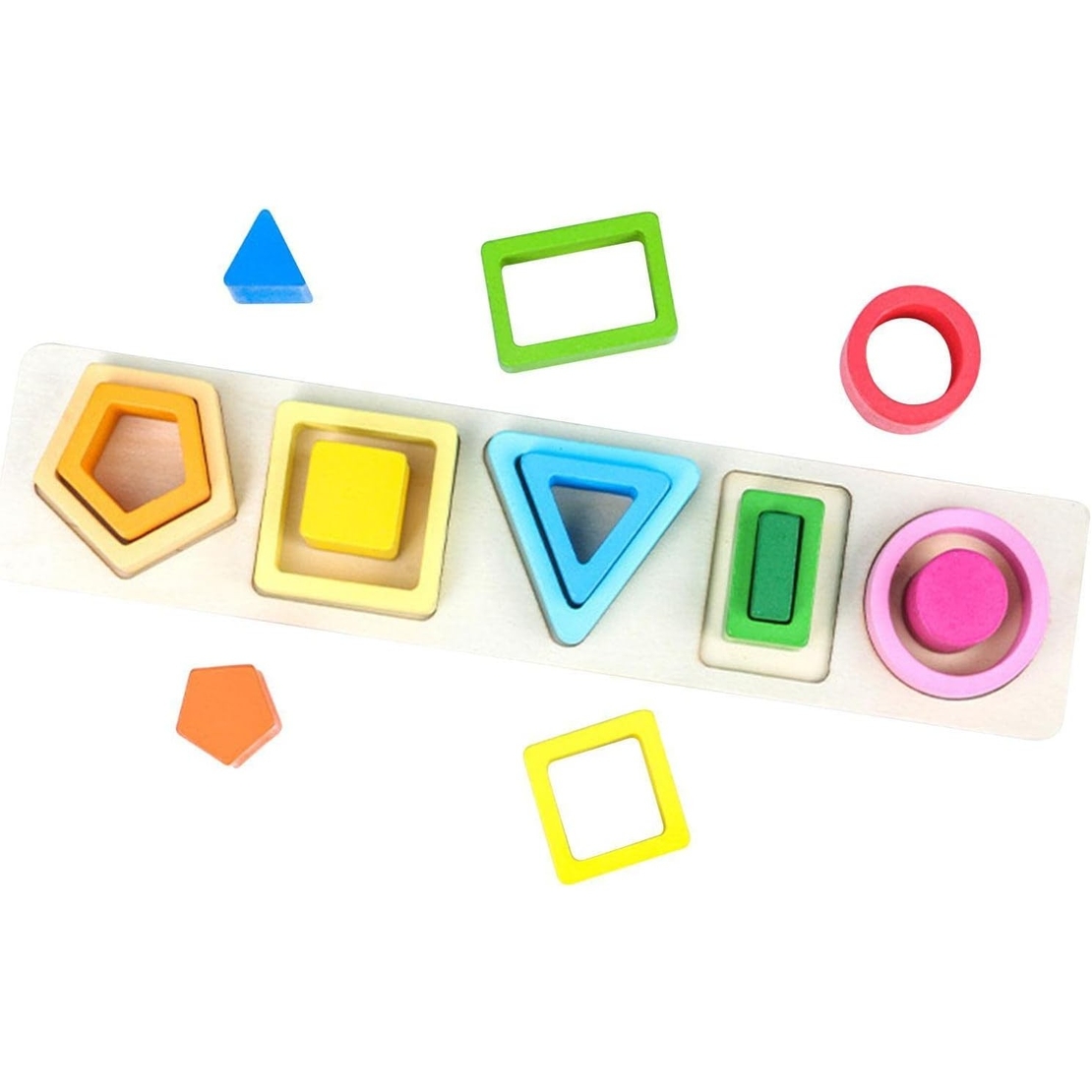 Jucarie Montessori din Lemn, Flippy, Tip Puzzle, cu 5 Forme Asimetrice, 15 Piese, Educativa, Interactiva, Creativa, Model Forme Geometrice, Materiale Non Toxice, +2 Ani, 29x6.5 cm, Multicolor