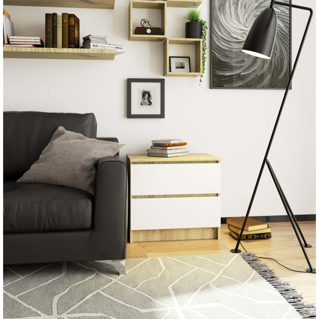 Noptiera cu 2 sertare din PAL laminat 16 mm, 60x40x55 cm, stejar artisan si alb