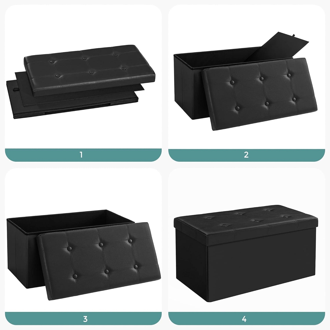 SONGMICS Taburet pliabil cu sezut moale, spatiu de depozitare 80litri, maxim 300kg, 76x38x38cm, negru