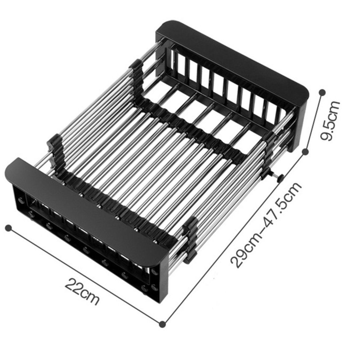 Suport Scurgere Extensibil pentru Bucatarie, Flippy, Uscator Vase din Otel Inoxidabil, Suport Tacamuri si Pahare, Suport pentru Fructe si Legume, 29 x 22 x 9.5 cm Negru