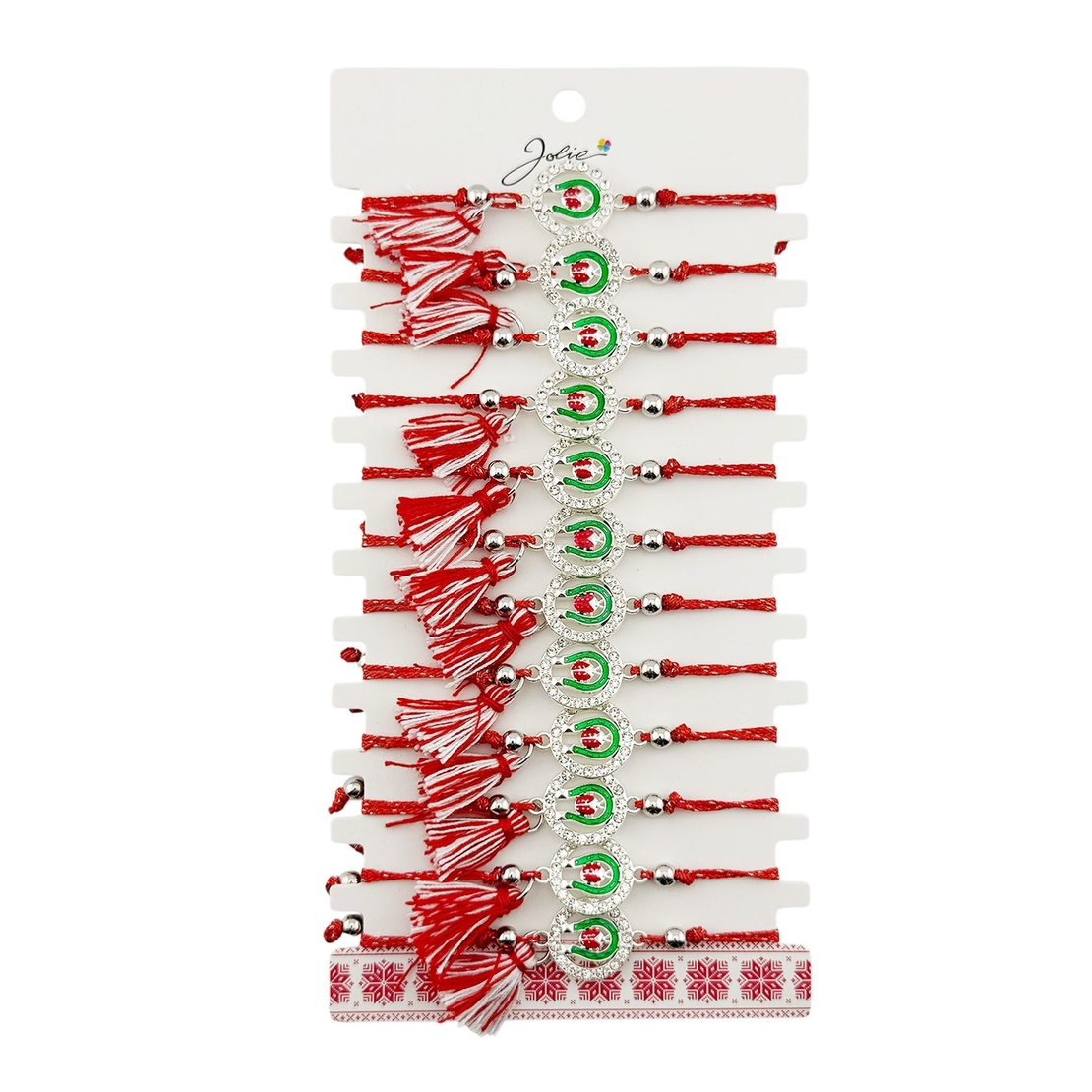 Martisor Bratara cu Ciucure pentru Dama, Jolie, Model Potcoava cu Buburuza in Cerc, Set 12 bucati, Pandativ din Inox cu Pietre, Snur Reglabil, Rosu/Alb
