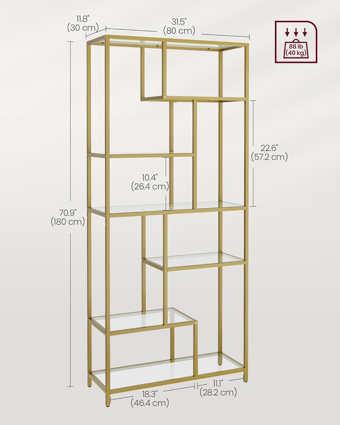 VASAGLE Biblioteca cu 6 polite din sticla securizata si cadru din otel, 80x30x180 cm, auriu