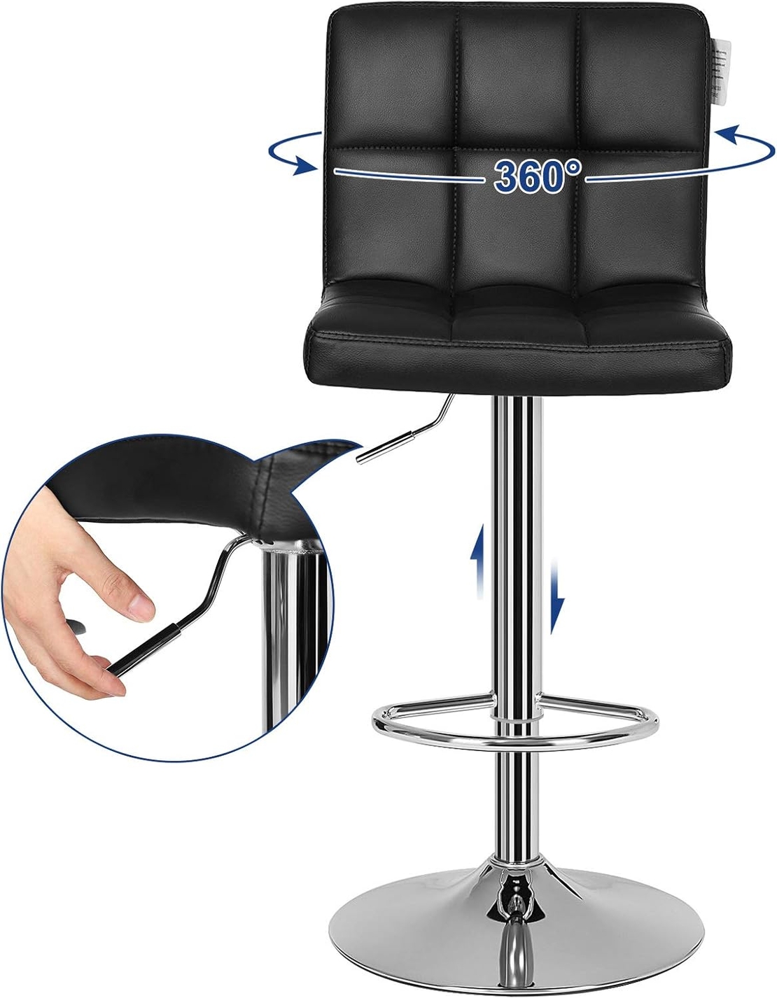 SONGMICS Set 2 scaune bar reglabile pe inaltime, cu spatar, sezut PU si suport picioare, rotatie 360°, 38x45x115 cm, negru