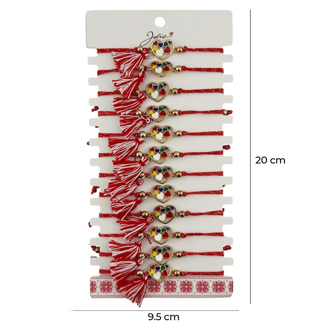Martisor Bratara cu Ciucure pentru Dama, Jolie, Model Inimi Colorate, Set 12 bucati, Pandativ din Inox, Snur Reglabil, Rosu/Alb