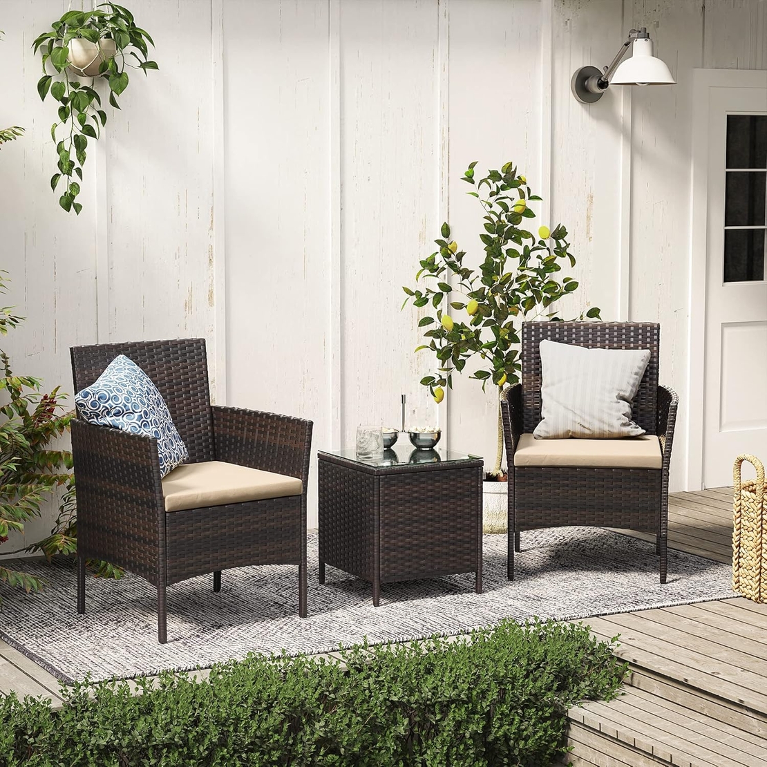 SONGMICS Set mobilier gradina cu 2 locuri, 2 scaune si masa cu sticla, ratan PE, maro