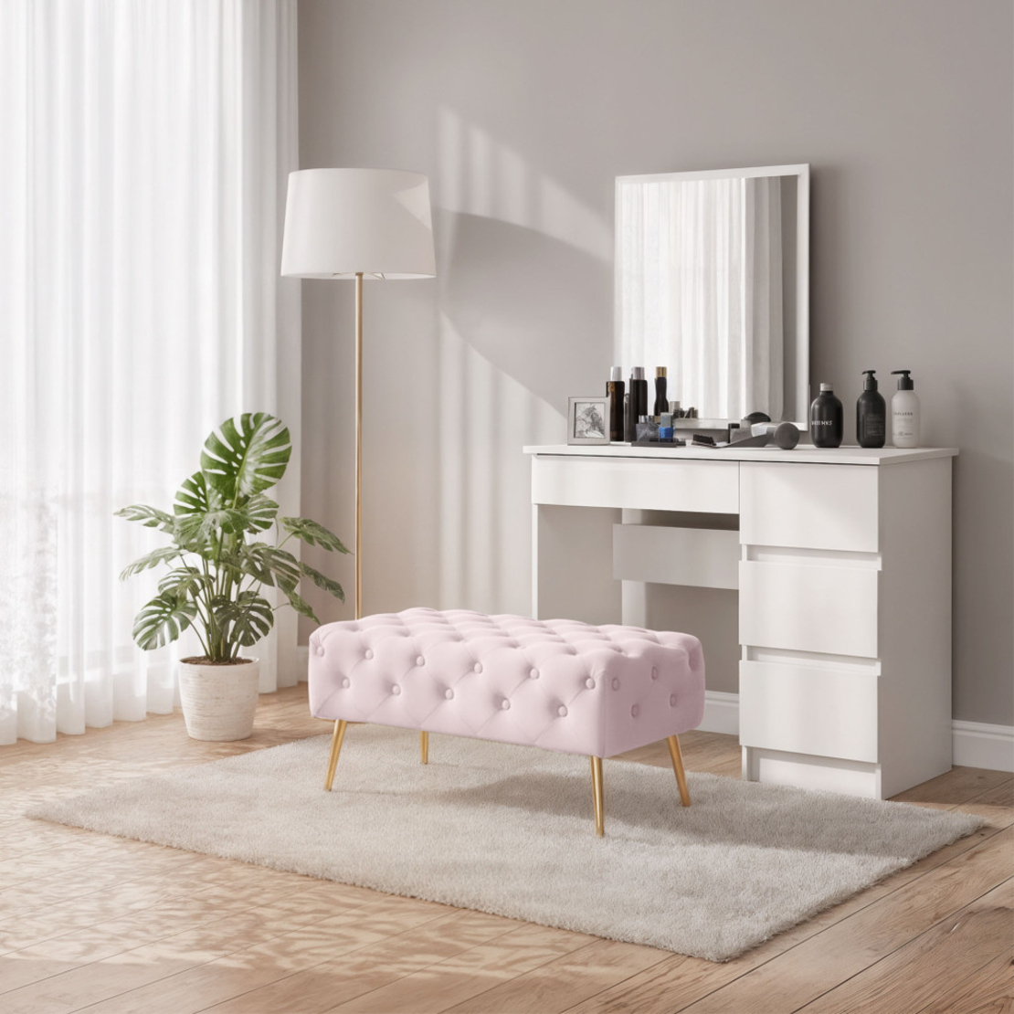 Taburet Madrid, tapitat cu catifea, tip banca, cu picioare metalice, 80x42x41 cm, roz pudra