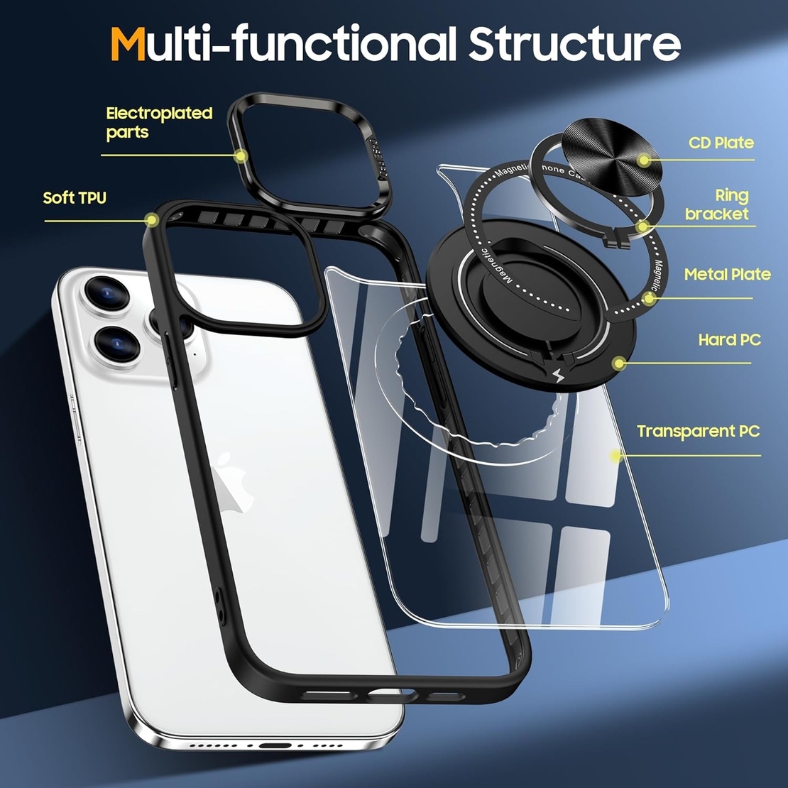Husa de Protectie TPU, Vafy, pentru iPhone 16 Pro Max, Anticadere, cu Incarcare Wireless, Tehnologie Magsafe, Inel Magnetic Rotativ cu Functie de Suport, Transparent-Negru