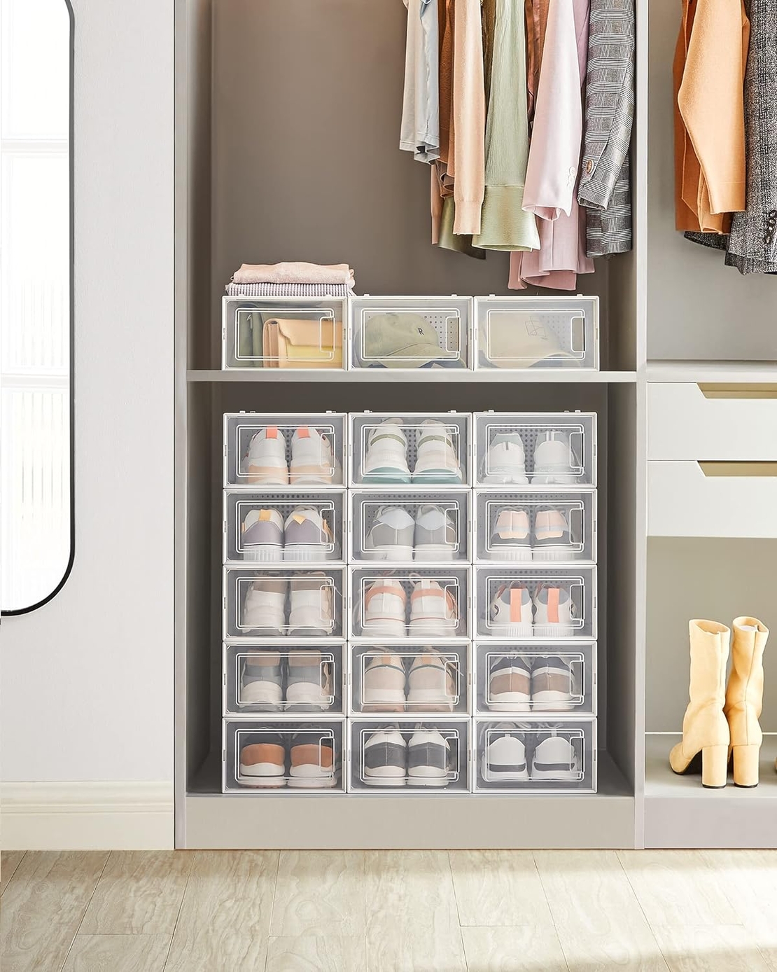 SONGMICS Cutii de pantofi, set de 18 organizatoare stivuibile, structura rezistenta ABS, 34x23x14cm, transparent