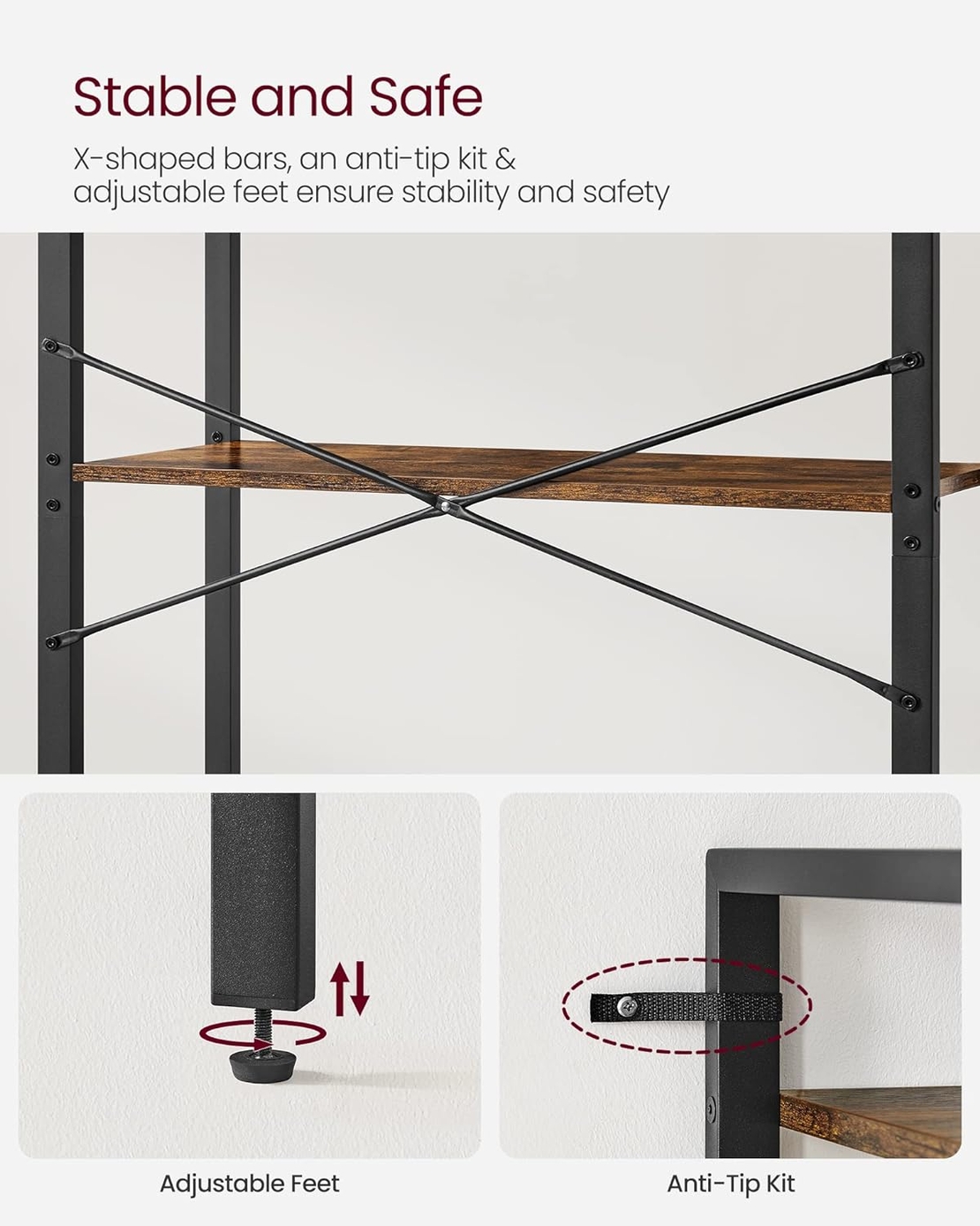 VASAGLE Biblioteca cu 5 etaje din lemn, cadru otel, stil industrial, 30x66x153cm, maro rustic si negru
