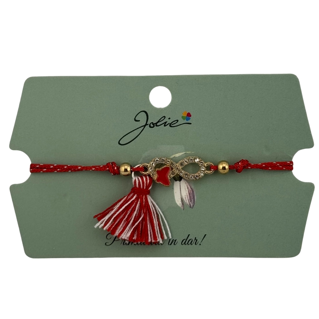 Martisor Bratara Ciucure, Jolie, Snur Rosu Reglabil, cu Pandantiv, Model Infinit Fluturas
