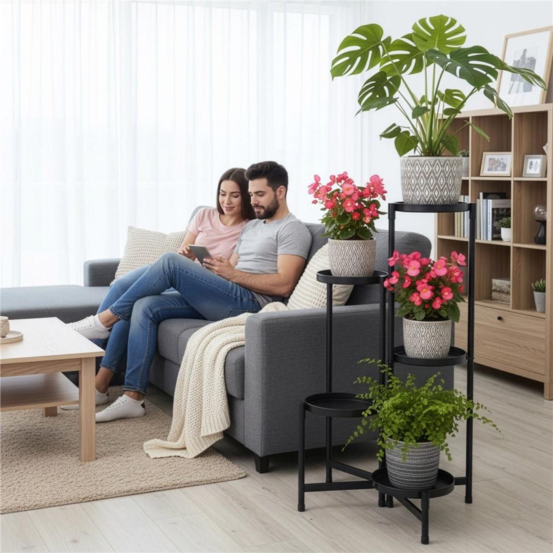 Suport metalic pentru flori cu 5 niveluri, structura pliabila, 48x48x79 cm, negru