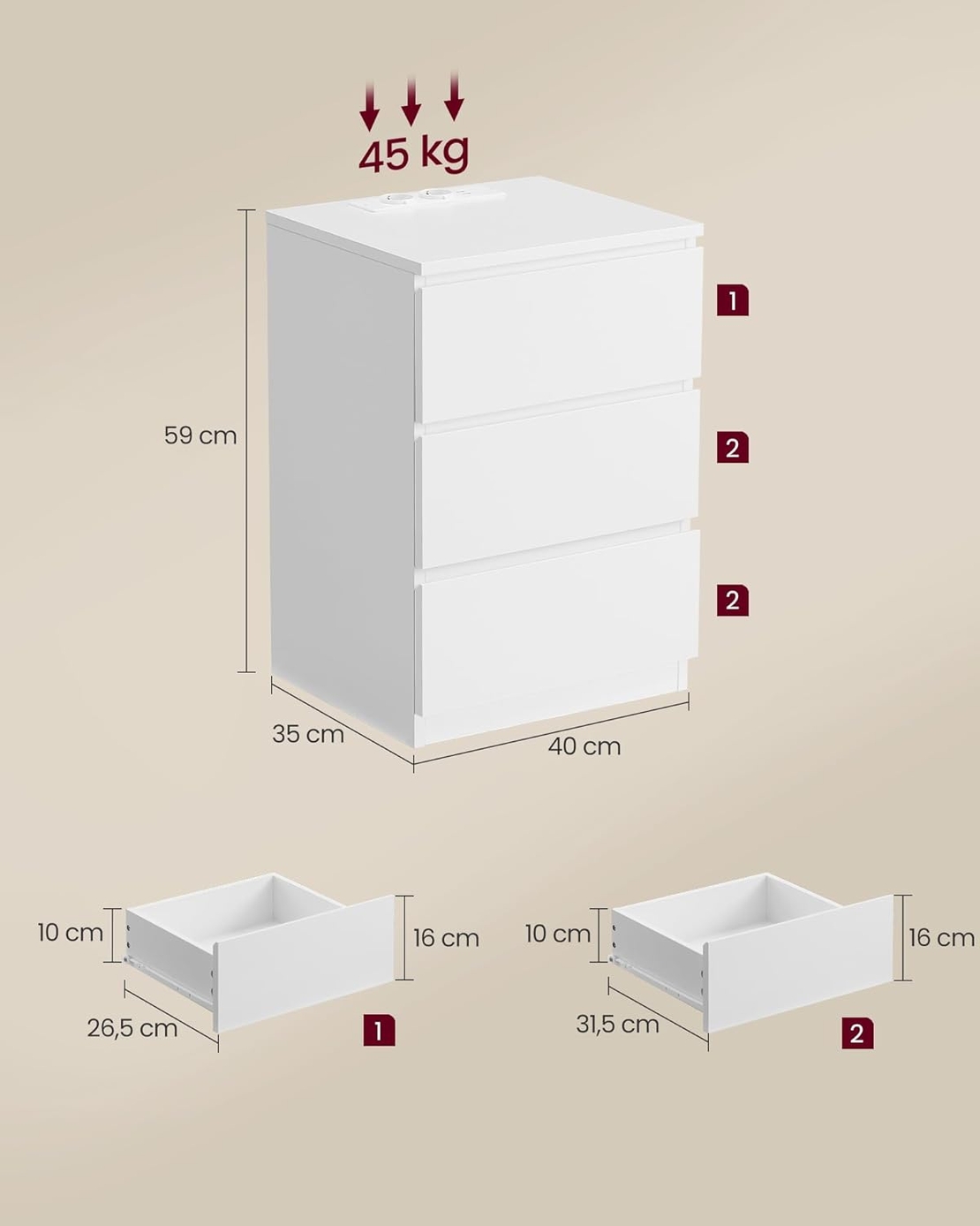 VASAGLE Set de 2 noptiere, cu sertare, 2 prize si 2 USB, 35x40x59 cm, alb