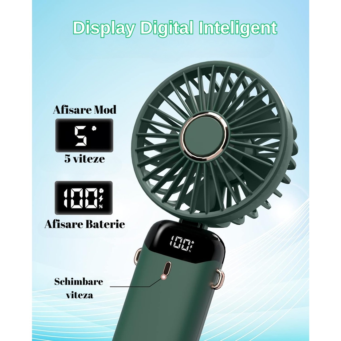 Ventilator Ultra Portabil cu Aromaterapie, Vafy, 3 in 1, de Mana, de Birou, de Gat, 5 Trepte de Viteza, Incarcare USB, Autonomie 12h, Pliabil, cu Ecran LCD, Verde