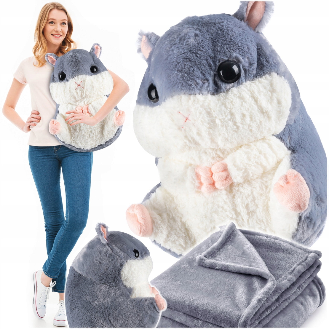 Jucarie plus hamster cu paturica ascunsa, plus moale pentru copii, 50x28 cm, gri