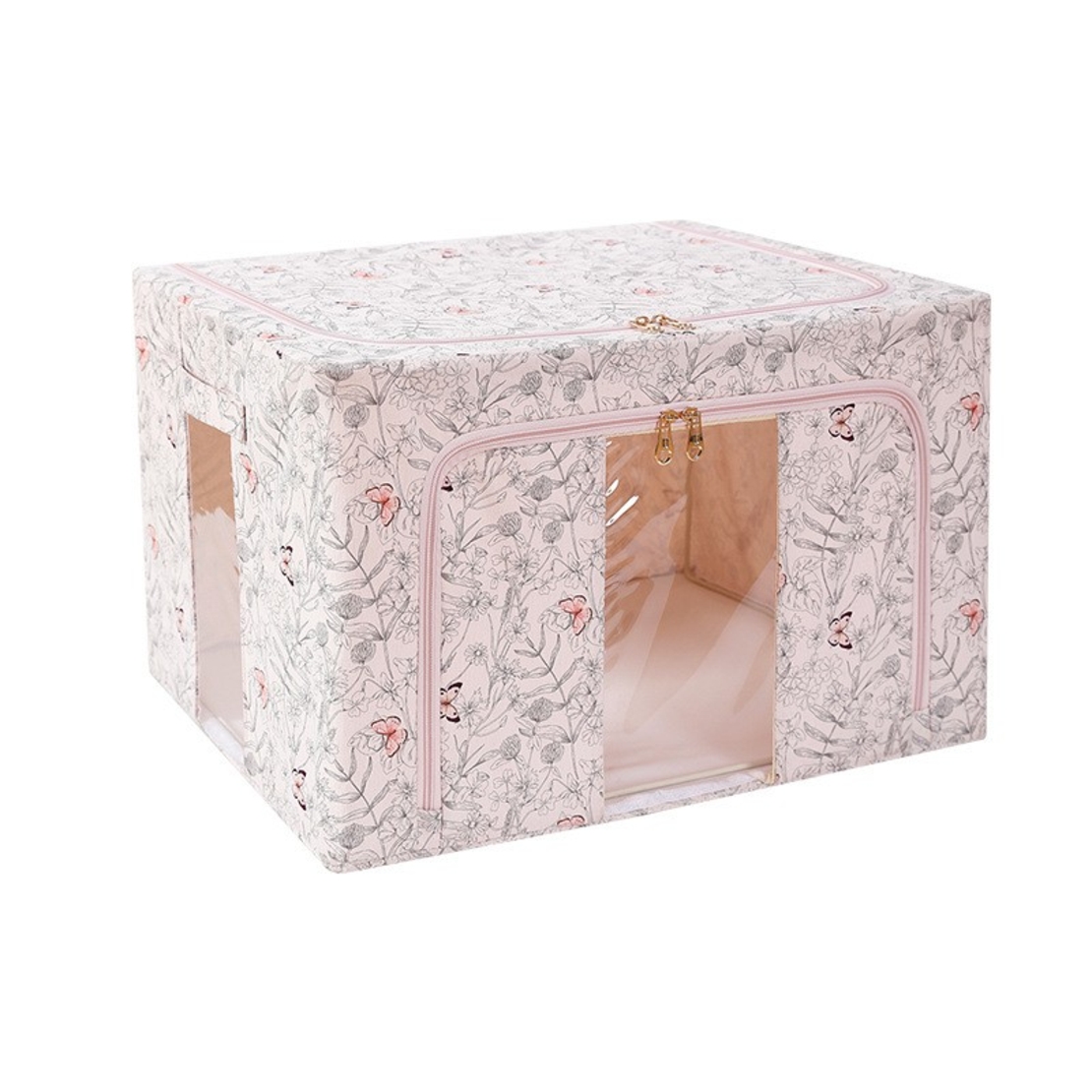 Cutie Depozitare, Vafy, 66L, din Material Textil, 50 x 40 x 33 cm, pentru Haine si Lenjerii, Model Fluturasi, Bej