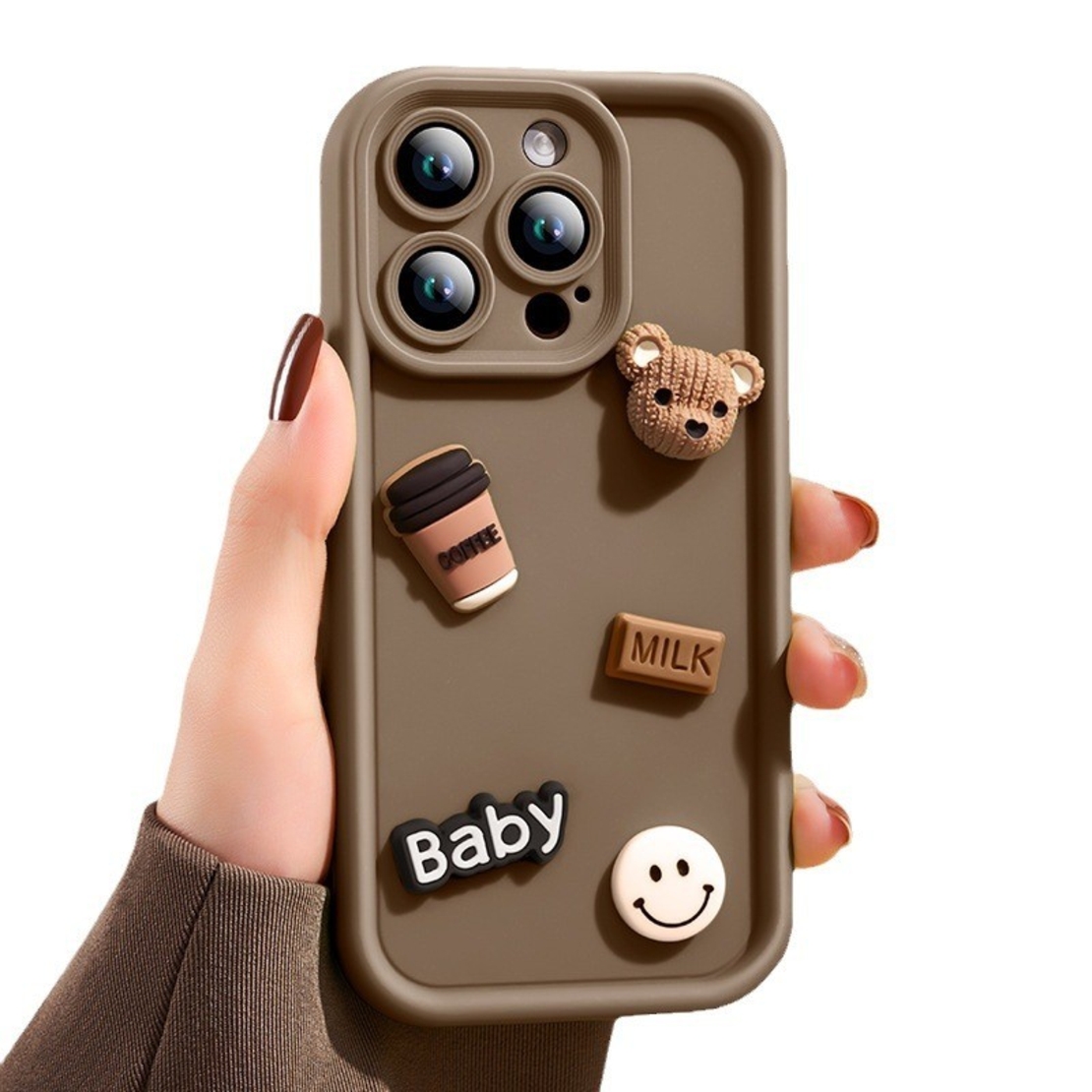 Husa de Protectie, Vafy, pentru Apple iPhone 12, Model Ursuleti 3D, Antisoc, Rezistenta la Impact, Protectie Camera, Maro