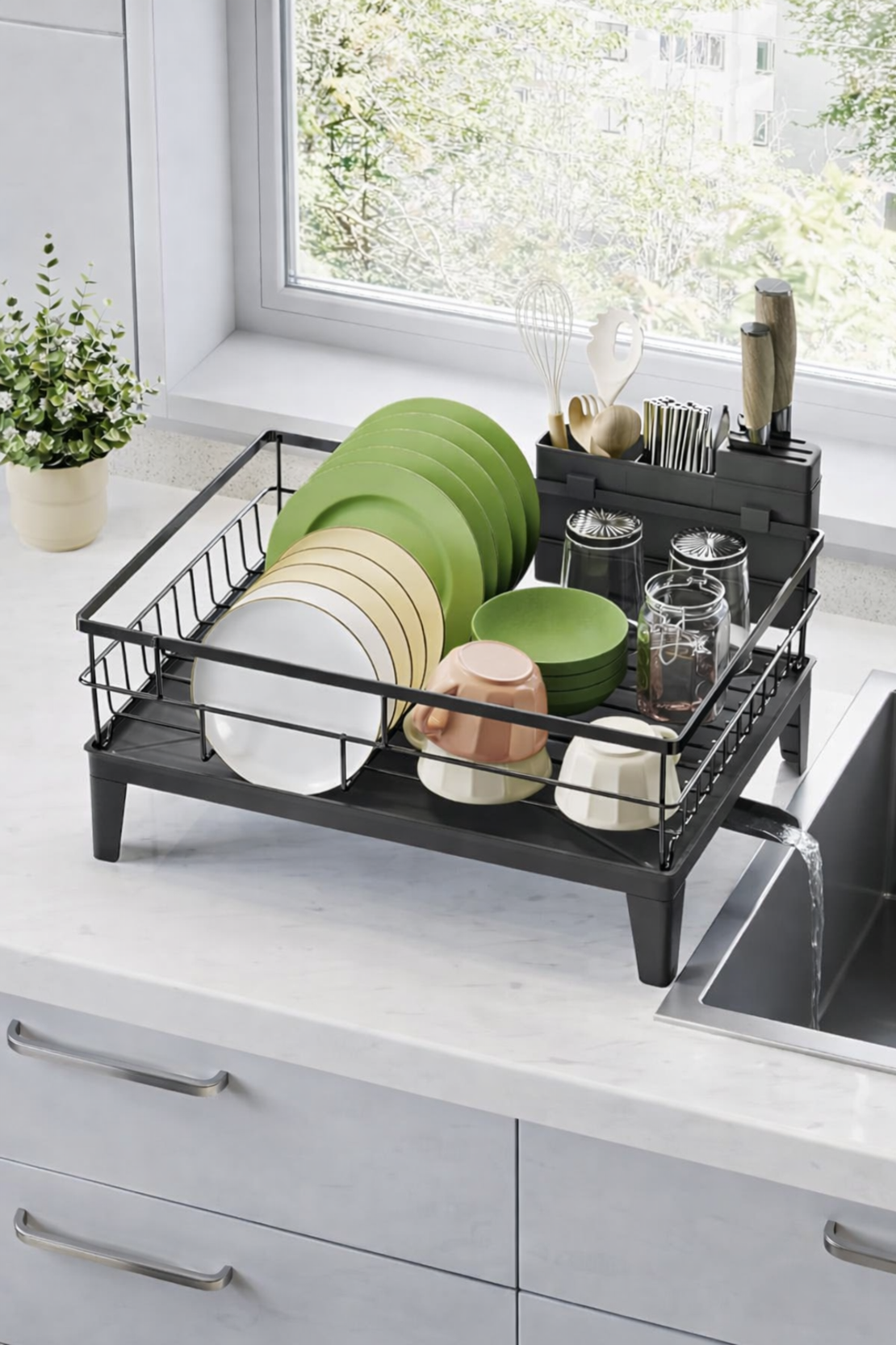 SONGMICS Suport vase metalic, cu tava si scurgere mobila direct in chiuveta, 31x42x19 cm, negru