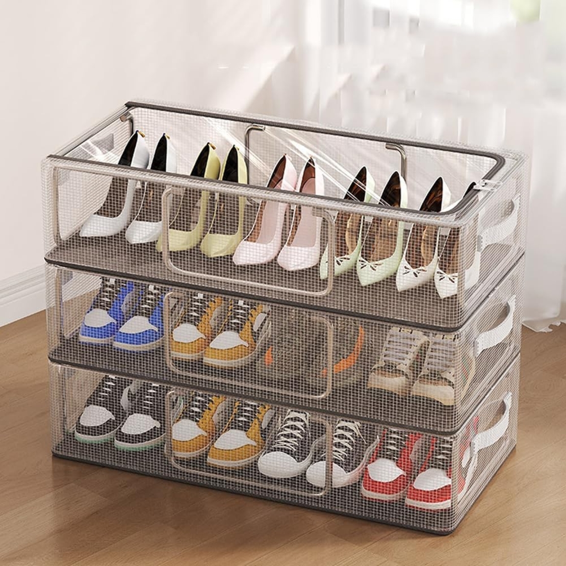 Cutie de Depozitare pentru Pantofi, Flippy, 60x30x21 cm, din Plasa PVC Impermeabila si Cadru de Otel, Pliabila, Fermoar Bidirectional, Transparenta
