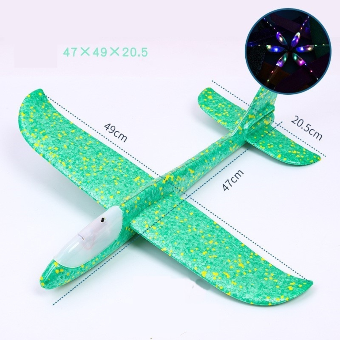 Avion planor din polistiren in punga , lungime 47 cm , cu lumina pe varf, Verde , Flippy