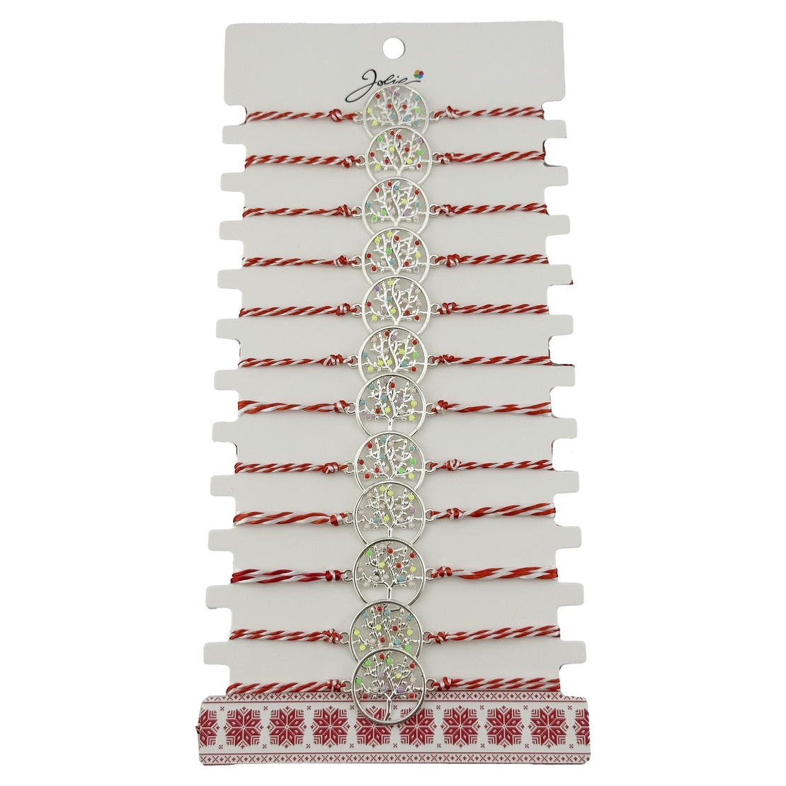 Bratara Martisor pentru Dama, Jolie, Model Copac Multicolor, Set 12 bucati, Pandativ Argintiu din Inox cu Elemente Multicolore, Snur Alb/Rosu
