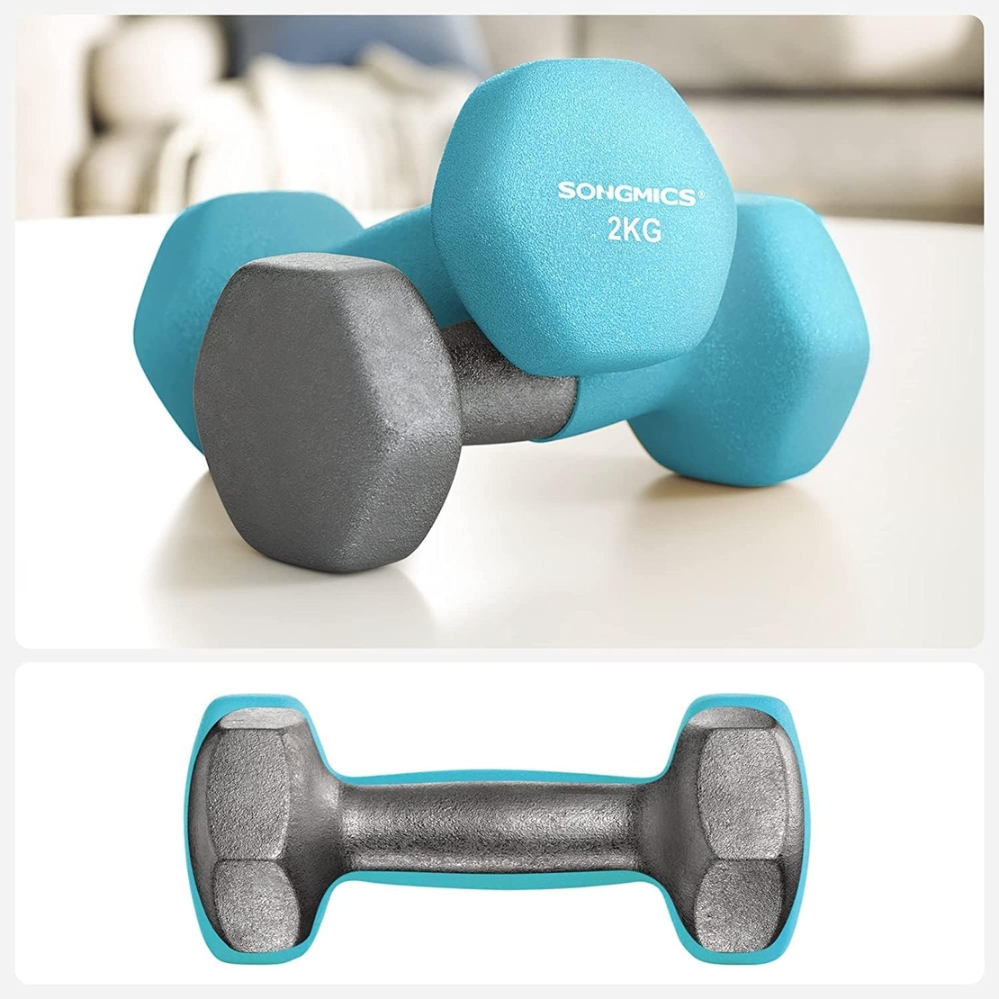 SONGMICS Set de 6 gantere hexagonale cu suport, 2x1 kg 2x2 kg 2x3 kg, multicolor