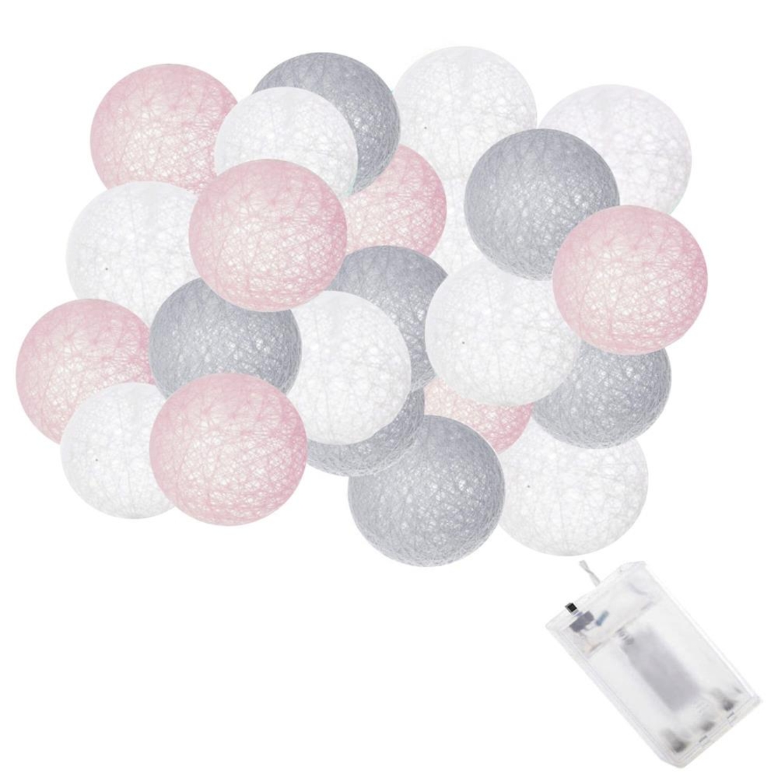 Instalatie decorativa 30 LED, lumina alba calda, 6.1 m, bile roz/alb/gri