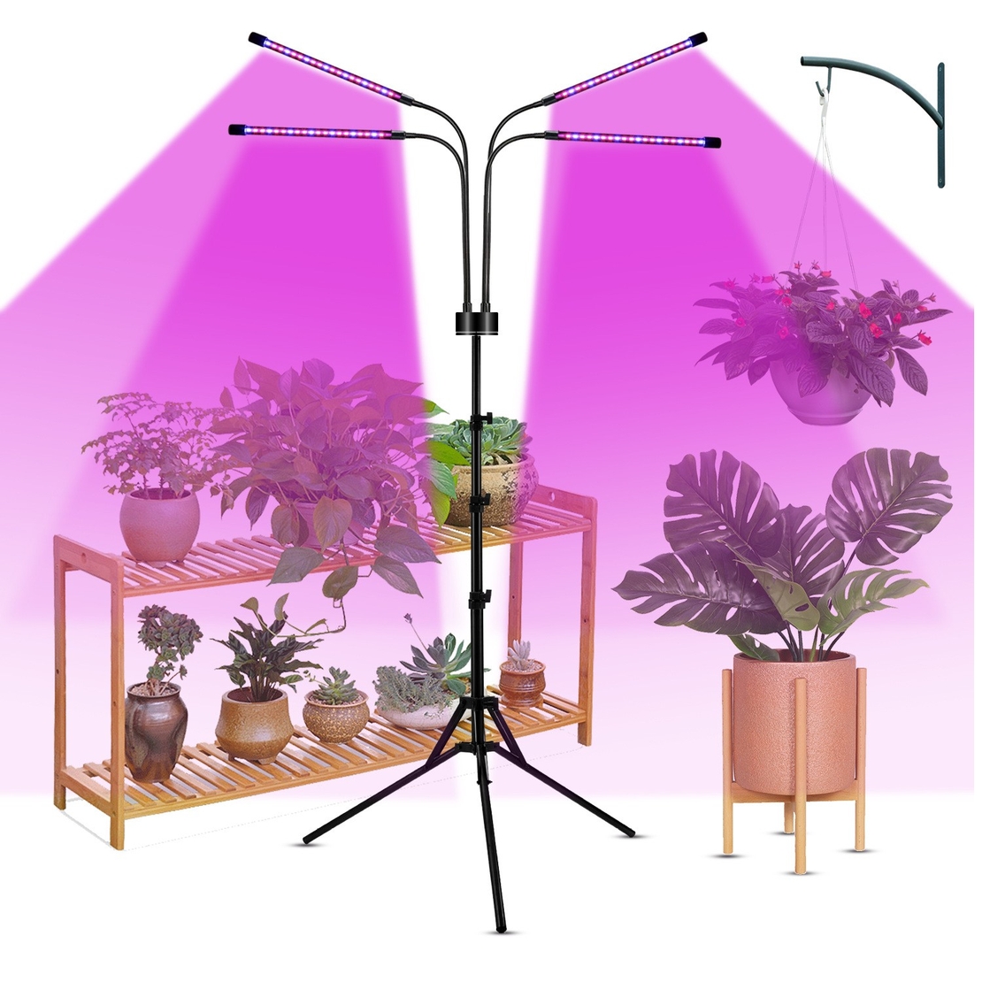 Lampa UV pentru cresterea plantelor, Flippy, 4 capete, putere 30W, 108 LED-uri Lampa cu lumina Ultra-Violet, Lampa cu Picior Ajustabil pana la 2 m, Lumina UV Mov