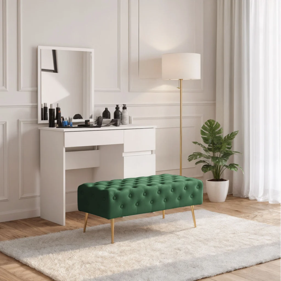 Taburet Monaco, tapitat cu catifea, tip banca, cu picioare metalice, 100x42x41 cm, verde