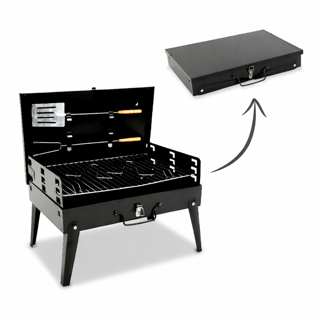 Gratar portabil pliabil tip valiza pentru camping, cu accesorii de gratar incluse, 45x30x30 cm