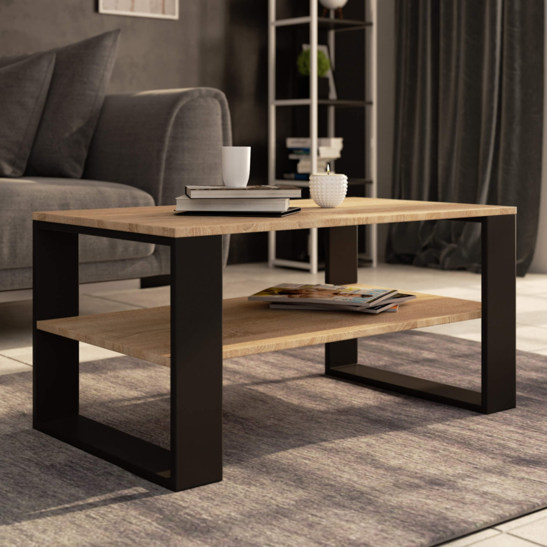 Masuta cafea ALEX cu raft inferior, PAL laminat, 92x53x45 cm, stejar sonoma si negru