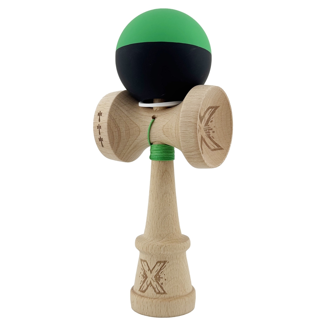 Kendama X Originala, Profesionala, Flippy, Cupe Mari KING SIZE V3, Rubber Grip, Gaura in Baza, Rulment Metalic, din lemn 18 cm, Ata 62/65 cm, Bicolor Verde/Negru