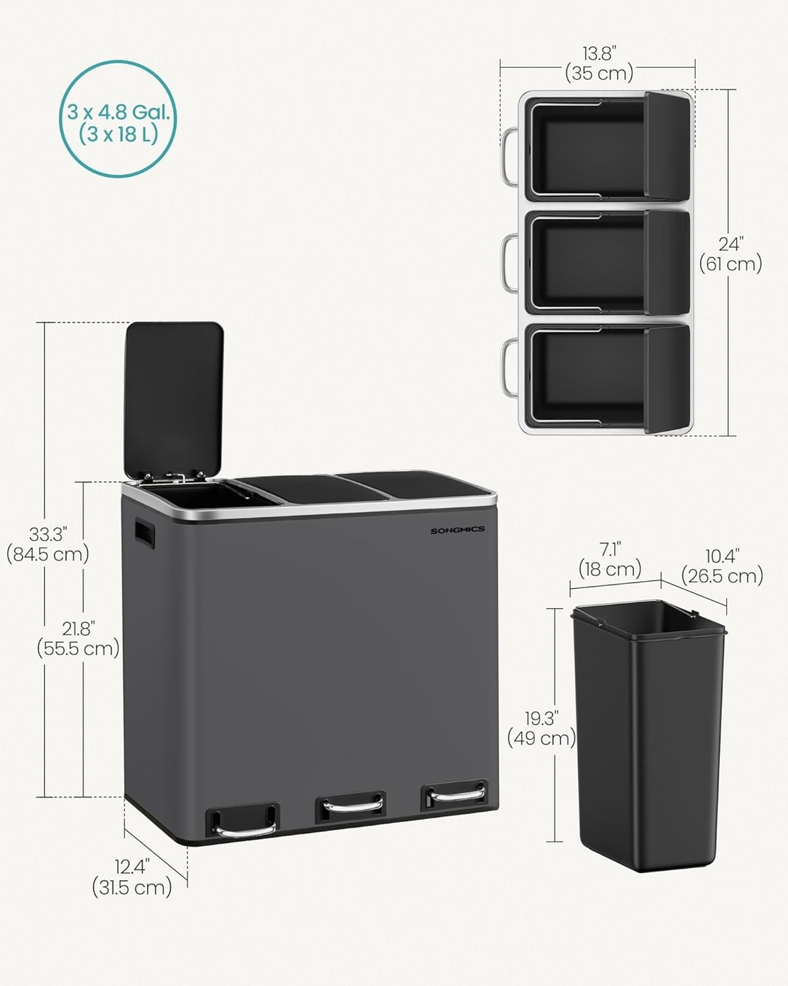 SONGMICS Cos de gunoi colectare selectiva cu 3 compartimente 3 x 18L, capace soft close, pedale, otel, 61x32x56 cm, gri mat