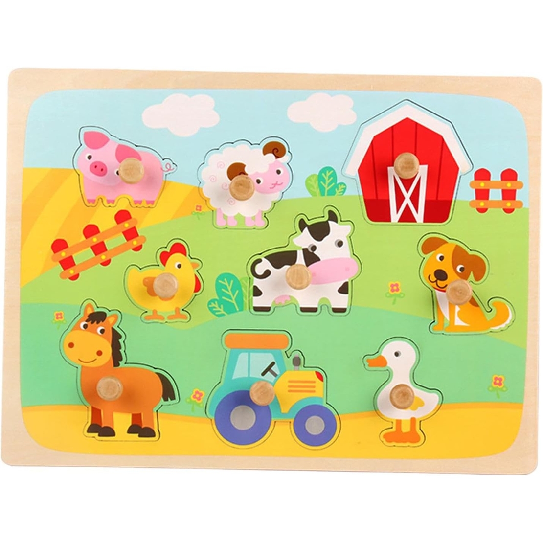 Puzzle Montessori din Lemn pentru Copii, Flippy, 3D, 0-3 Ani, Model Ferma, Educativ, Intuitiv, Creativ, 9 Piese, 30x22.5x0.8 cm, Multicolor