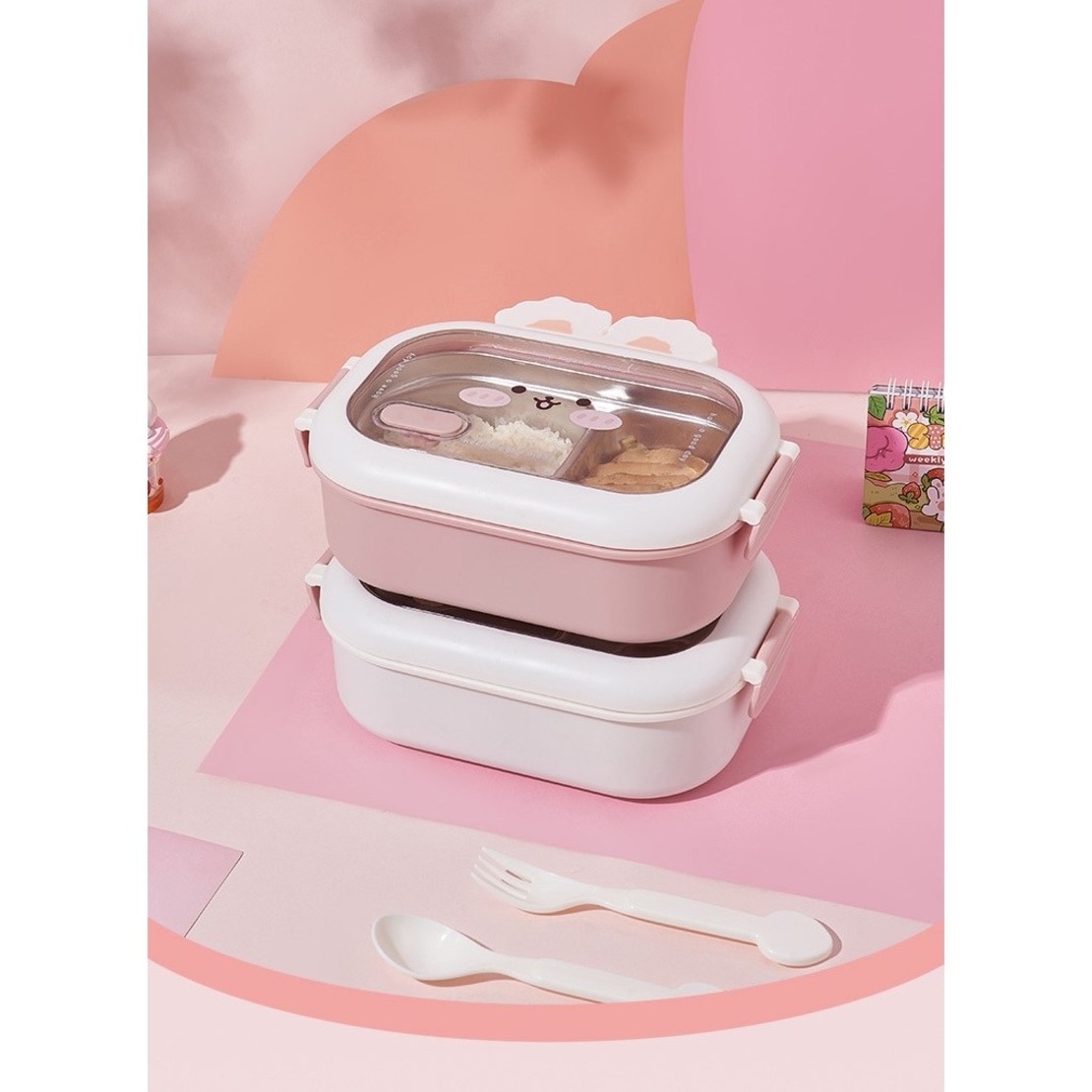 Cutie pentru Pranz sau Gustari, Flippy, cu Doua Compartimente, Model Iepuras, pentru Copii si Adulti, Etansare, PP, Perfect pentru Scoala si Birou, 1000 mL, 22x17.8x8 cm, Roz