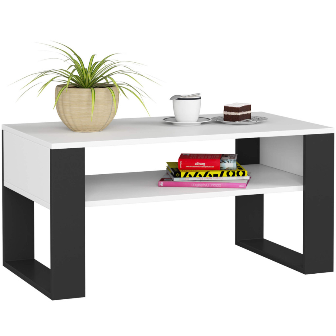Masuta de cafea Domi cu raft inferior, blat laminat, 92x50x45 cm, alb si negru
