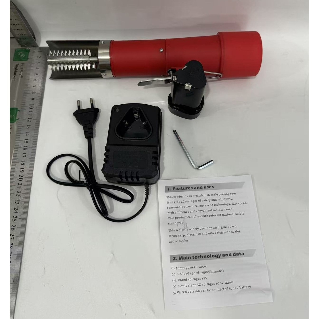 Dispozitiv Electric de Curatare Solzi Peste, Vafy, din Otel Inoxidabil, 28 x 5 cm, Rosu