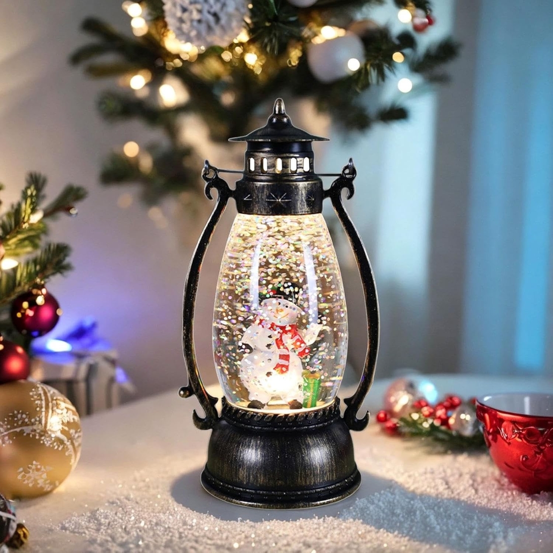 Decoratiune Luminoasa, Flippy, Felinar de Craciun, cu Lumina LED, Ornament Model Lampa cu Ulei Om de Zapada, cu Maner, 14x7x6 cm, Negru