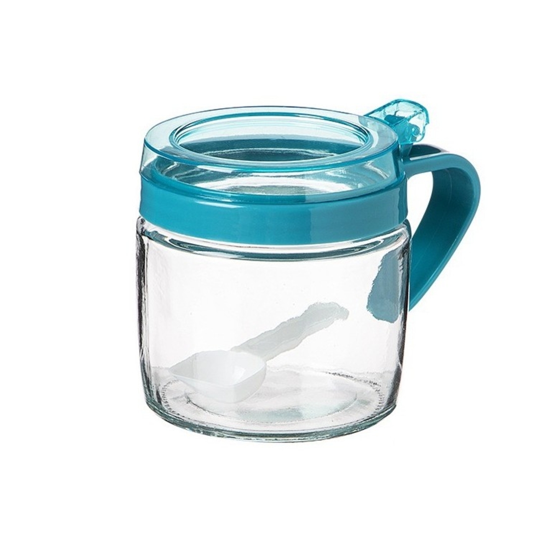 Recipient Condimente, Vafy, din Stilca, 180 ml, cu Maner si Lingurita, 8 x 9 cm, Capac Transparent, Albastru